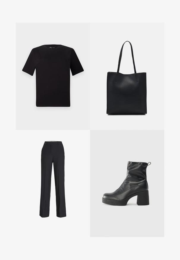T-shirt nera a maniche corte con scollatura rotonda, realizzata in morbido cotone. Design semplice, senza loghi o motivi visibili.; Pantaloni neri a vita alta con una vestibilità dritta. Realizzati in un tessuto liscio, presentano pieghe frontali e tasche laterali.; Stivali neri alla caviglia in pelle liscia, con zip laterale, tacco spesso e texture, e punta arrotondata.; Borsa tote in pelle nera con texture liscia, forma rettangolare e due manici lunghi. Nessun hardware o decorazione visibile.
