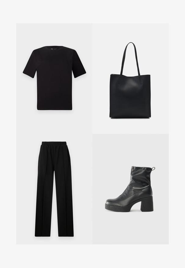 Fekete, rövid ujjú póló, kerek nyakkal, puha pamutból készült. Egyszerű dizájn, nincs látható logó vagy minta.; Fekete, bő szabású nadrág rugalmas derékrésszel, sima szövet textúrával, látható minták vagy díszítések nélkül.; Fekete bokacsizmák sima bőrből, oldalsó cipzárral, vastag, texturált sarkú és lekerekített orrú dizájnnal.; Fekete bőrtáska sima felszínnel, téglalap alakú, két hosszú füllel. Nincs látható fémkiegészítő vagy díszítés.