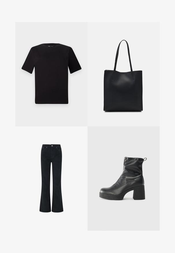 Juodas trumpas rankovės marškinėlis su apvaliu iškirpimu, pagamintas iš minkštos medvilnės medžiagos. Paprastas dizainas, be matomų logotipų ar raštų.; Juoda džinsinio audinio plačiai išpieštos kelnės su mygtuku ir užtrauktuku, dviem priekinėmis kišenėmis ir lygiu paviršiumi. Tiesių kojų dizainas.; Juodos kulkšninių botai, pagaminti iš lygaus odos, su šoniniu užtrauktuku, masyviu tekstūruotu kulnu ir apvaliu pirštu.; Juodas odinis tote krepšys su lygia tekstūra, stačiakampio formos ir dviem ilgais rankenomis. Matomų metalinių detalių ar puošybos nėra.