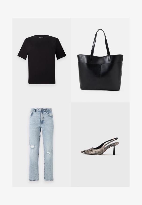 Must olema lühikeste varrukatega must t-särk ümmarguse kaelusega, valmistatud pehmest puuvillast kangast. Lihtne disain, ilma nähtavate logode või mustriteta.; Heledad sinine denim, millel on lõdva istuvuse, kaks põlve lõhet, viis taskut ja kulunud serv. Nööp ja tõmblukk sulgemiseks.; Kitsas varvusega slingback kingad, mis on valmistatud tekstuuriga maosarnase materjali toel, omavad saledat musta kõrget kontsa ja lõikega disaini külgedel.; Must mustaga musta nahast, millel on kaks pikka kanda, sile tekstuur ja struktureeritud kuju. Esipoolsel on lisakoti jaoks tasku.