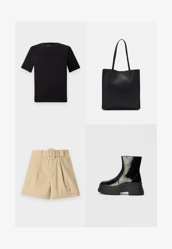 Melnas īsām piedurknēm T-krekls ar apaļu kakla izgriezumu, izgatavots no mīksta kokvilnas auduma. Vienkāršs dizains, bez redzamām logo vai rakstiem.; Bežās šortos ir teksturēta austa josta ar kvadrātveida sprādzi. Šortiem ir krokas un gluda auduma apdare.; Melnas spīdīgas potītes zābaki ar biezu zoli un noapaļotu purngalu, sānu skats uz vienkārša gaiši pelēka fona.; Melnas ādas somiņa ar gludu tekstūru, taisnstūra formu un divām garām rokturiem. Nav redzamu aparatūras vai rotājumu.