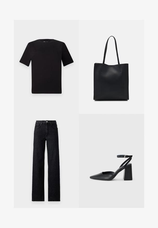 Svart t-skjorte med korte ermer og rund hals, laget av mykt bomullsstoff. Enkelt design, ingen synlige logoer eller mønstre.; Høyt liv svarte dongeribukser med knapp og glidelås, front- og baklommer, og rett passform.; Svart lær pumps med spiss tå, ankelrem og kraftig hæl. Flat tekstur, strømlinjeformet design og minimalisme.; Svart lær tote bag med glatt tekstur, rektangulær form og to lange håndtak. Ingen synlige deler eller dekorasjoner.