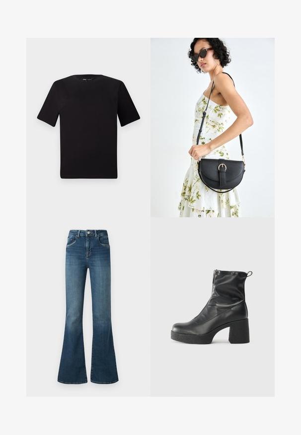 Must olema lühikeste varrukatega must t-särk ümmarguse kaelusega, valmistatud pehmest puuvillast kangast. Lihtne disain, ilma nähtavate logode või mustriteta.; Laienevad sinised teksad, millel on kõrge vöökoht, kerge kulumine, viis taskut ja erineva värvusega õmblus. Valmistatud elastse puuvilla ja sünteetiliste kiudude segust.; Mustad mustad ansapüksid, mis on valmistatud siledast nahast, külje zipperiga, paksu tekstuuriga kontsaga ja ümmarguse nina disainiga.; Mustmust mustraha kõverate joontega, eemaldatava rihmaga ja kuldsete detailidega. Kotil on klapp, millel on pandladetail.