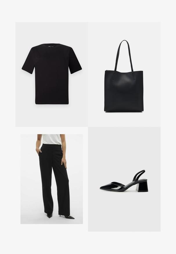 Černé tričko s krátkým rukávem a kulatým výstřihem, vyrobené z měkké bavlněné látky. Jednoduchý design, žádné viditelné logo nebo vzory.; Černé kalhoty s širokými nohavicemi, hladkým povrchem, vysokým pasem a předními kapsami. Doplněné o špičaté černé lodičky.; Černé lakované kožené lodičky na pásku s špičatou špičkou a geometrickým blokovým podpatkem. Vyznačují se elegantním, minimalistickým designem a hladkým povrchem.; Černá kožená taška přes rameno s hladkým povrchem, obdélníkovým tvarem a dvěma dlouhými uchy. Žádné viditelné kování ani ozdoby.