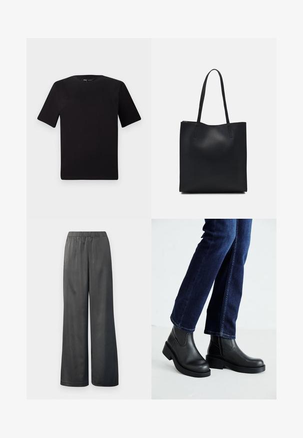 Camiseta negra de manga corta con cuello redondo, fabricada en suave algodón. Diseño simple, sin logos ni patrones visibles.; Pantalones de pierna ancha negros con una cintura elástica; textura suave y brillante; diseño de largo completo; sin patrones visibles ni acentos de hardware.; Botas de tobillo de cuero negro con suela gruesa y paneles elásticos laterales, combinadas con jeans azul oscuro. El suelo es de color claro.; Bolso tote de cuero negro con textura lisa, forma rectangular y dos asas largas. Sin herrajes ni adornos visibles.