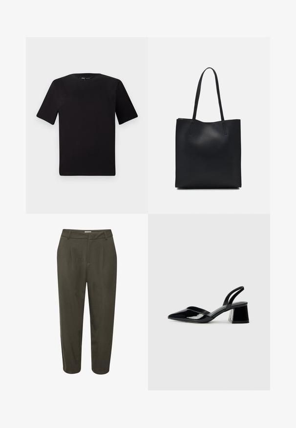 T-shirt noir à manches courtes avec un col rond, fabriqué en coton doux. Design simple, sans logos ni motifs visibles.; Pantalon ajusté vert foncé avec des plis, une taille cintrée et une longueur raccourcie. Fabriqué à partir d'un tissu lisse avec un brillant subtil.; Escarpins en cuir verni noir avec bout pointu et talon bloc géométrique. Présente un design élégant et minimaliste ainsi qu'une texture lisse.; Sac fourre-tout en cuir noir avec une texture lisse, de forme rectangulaire et deux longues poignées. Pas de matériel ou d'ornementations visibles.