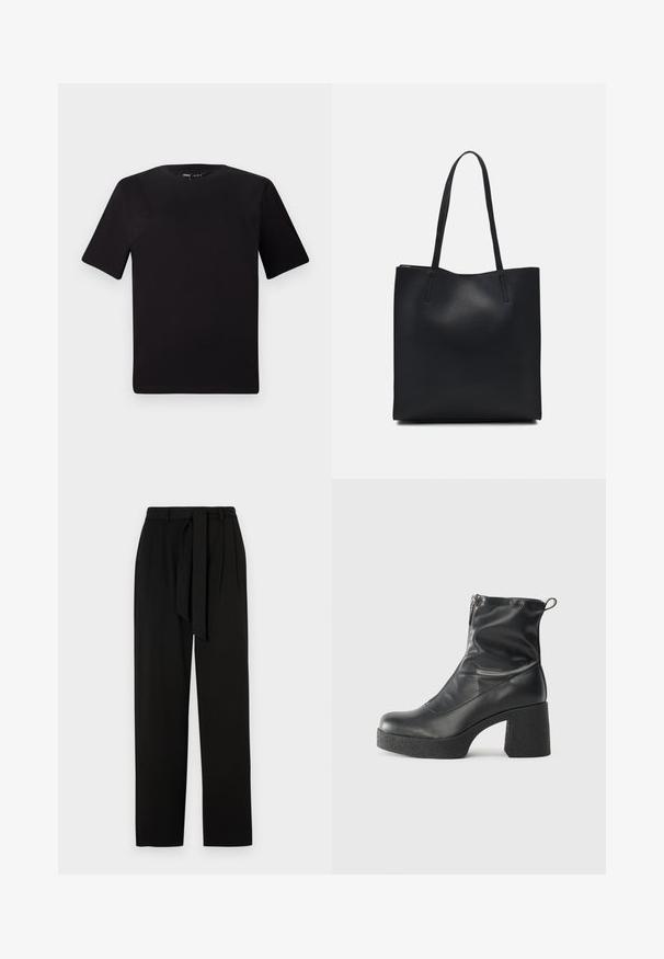 T-shirt nera a maniche corte con scollatura rotonda, realizzata in morbido cotone. Design semplice, senza loghi o motivi visibili.; Pantaloni neri con vita alta, pieghe laterali e cintura in tessuto. Realizzati in un materiale liscio con gambe dritte e lunghe.; Stivali neri alla caviglia in pelle liscia, con zip laterale, tacco spesso e texture, e punta arrotondata.; Borsa tote in pelle nera con texture liscia, forma rettangolare e due manici lunghi. Nessun hardware o decorazione visibile.