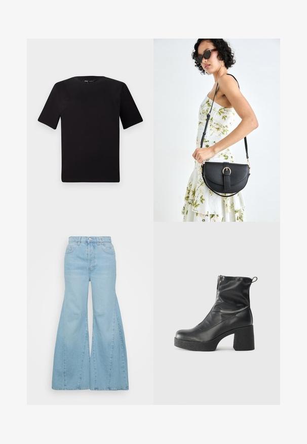 Black short-sleeve t-shirt with a round neckline, crafted from soft cotton fabric. Simple design, no visible logos or patterns.; Light blue, high-waisted denim flared pants with side slits and contrasting stitching. Designed with a classic five-pocket style.; Black ankle boots made of smooth leather, featuring a side zipper, chunky textured heel, and rounded toe design.; Black leather handbag with a curved shape, detachable strap, and gold hardware. The bag features a flap with a buckle detail.