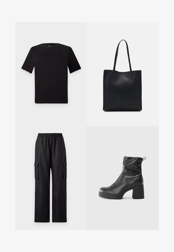 Juodas trumpas rankovės marškinėlis su apvaliu iškirpimu, pagamintas iš minkštos medvilnės medžiagos. Paprastas dizainas, be matomų logotipų ar raštų.; Juodos krovinių kelnės su elastingu liemeniu, dviem šoninėm kišenėm ir laisvu, plačiu dizainu. Pagamintos iš lygios, lengvos medžiagos.; Juodos kulkšninių botai, pagaminti iš lygaus odos, su šoniniu užtrauktuku, masyviu tekstūruotu kulnu ir apvaliu pirštu.; Juodas odinis tote krepšys su lygia tekstūra, stačiakampio formos ir dviem ilgais rankenomis. Matomų metalinių detalių ar puošybos nėra.