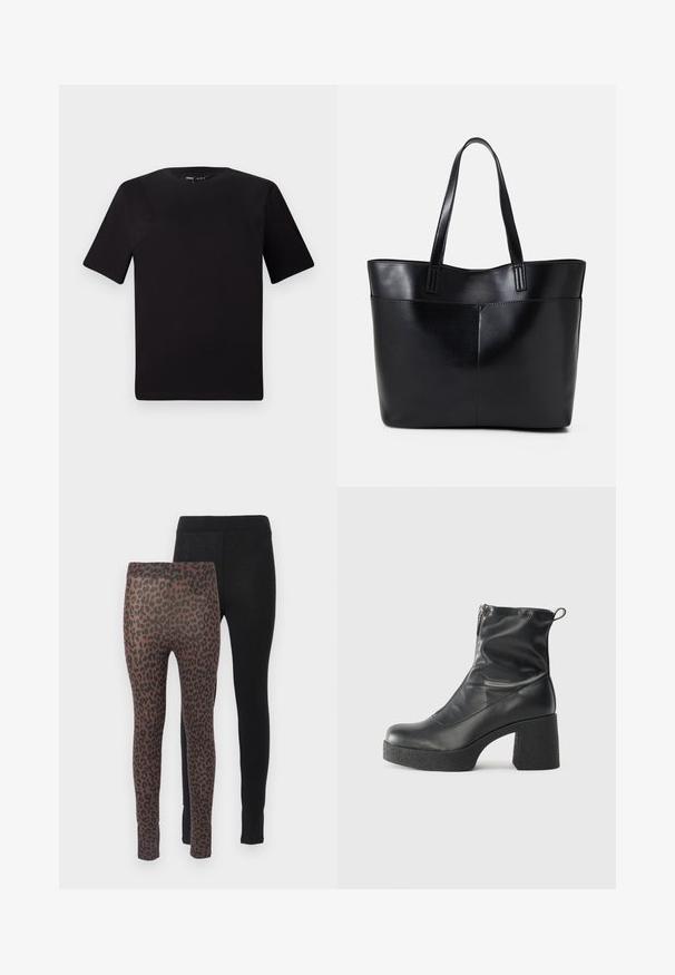 Must olema lühikeste varrukatega must t-särk ümmarguse kaelusega, valmistatud pehmest puuvillast kangast. Lihtne disain, ilma nähtavate logode või mustriteta.; Kaks paari retuuse: ühed täiesti mustast kangast, teised pruunid musta leopardimustriga, elastsete pükstevöödega.; Mustad mustad ansapüksid, mis on valmistatud siledast nahast, külje zipperiga, paksu tekstuuriga kontsaga ja ümmarguse nina disainiga.; Must mustaga musta nahast, millel on kaks pikka kanda, sile tekstuur ja struktureeritud kuju. Esipoolsel on lisakoti jaoks tasku.