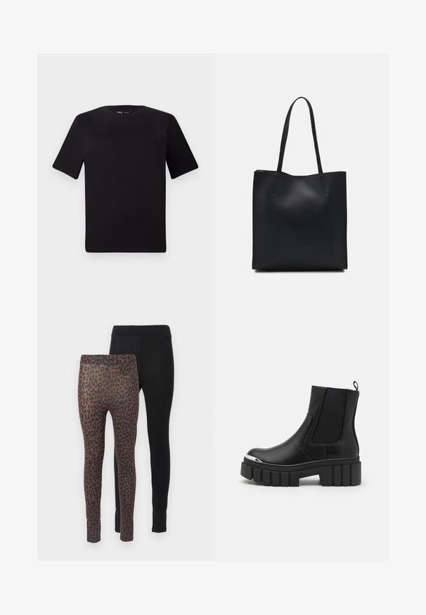 Melnas īsām piedurknēm T-krekls ar apaļu kakla izgriezumu, izgatavots no mīksta kokvilnas auduma. Vienkāršs dizains, bez redzamām logo vai rakstiem.; Divas divi legingi: viens melns ar vienkrāsainu audumu, otrs brūns ar melnu leoparda rakstu, ar elastīgām jostasām.; Melnas potītes botas, izgatavotas no gludas ādas, ar elastīgām paneļām, biezu platformas zoli un metalizētu purngali.; Melnas ādas somiņa ar gludu tekstūru, taisnstūra formu un divām garām rokturiem. Nav redzamu aparatūras vai rotājumu.