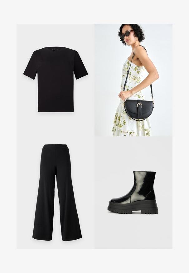 Černé tričko s krátkým rukávem a kulatým výstřihem, vyrobené z měkké bavlněné látky. Jednoduchý design, žádné viditelné logo nebo vzory.; Černé široké kalhoty z měkkého materiálu s vysokým elastickým pasem a přímým, splývavým střihem, ideální pro pohodlí a volnost pohybu.; Černá lesklá kotníková bota s robustní podrážkou a zaoblenou špičkou, boční pohled na jednolitém světle šedém pozadí.; Černá kožená kabelka s křivkovým tvarem, odnímatelným popruhem a zlatými detaily. Kabelka má klopu s přezkou.