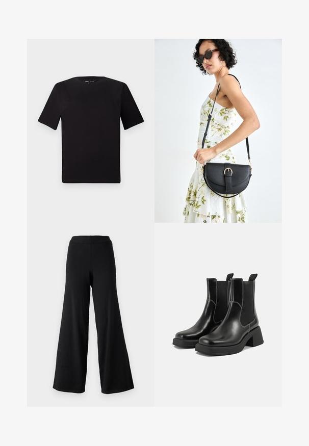 Čierne tričko s krátkym rukávom a okrúhlym výstrihom, vyrobené z mäkkej bavlny. Jednoduchý dizajn, bez viditeľných log alebo vzorov.; Čierne nohavice s voľnými nohavicami, vyrobené z mäkkého materiálu, s vysokým elastickým pásom a priame a plynulé prevedenie, ideálne pre pohodlie a pohyb.; Čierne kožené Chelsea čižmy s robustným podpätkom, elastickými bočnými panelmi a kontrastným bielym prešívaním. Textúrovaný povrch.; Čierna kožená kabelka s zaobleným tvarom, odnímateľným popruhom a zlatými doplnkami. Kabelka má klopu s detailom s prackou.
