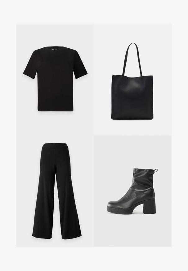 Černé tričko s krátkým rukávem a kulatým výstřihem, vyrobené z měkké bavlněné látky. Jednoduchý design, žádné viditelné logo nebo vzory.; Černé široké kalhoty z měkkého materiálu s vysokým elastickým pasem a přímým, splývavým střihem, ideální pro pohodlí a volnost pohybu.; Černé kotníkové boty vyrobené z hladké kůže, s bočním zipem, robustním strukturovaným podpatkem a kulatou špičkou.; Černá kožená taška přes rameno s hladkým povrchem, obdélníkovým tvarem a dvěma dlouhými uchy. Žádné viditelné kování ani ozdoby.