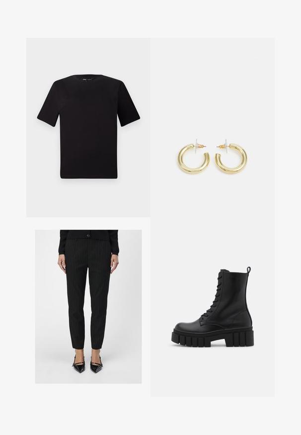 Black short-sleeve t-shirt with a round neckline, crafted from soft cotton fabric. Simple design, no visible logos or patterns.; Black pinstriped trousers feature a tailored fit with a smooth texture. Paired with shiny black pointed-toe heels, showcasing sleek lines.; Black leather ankle boot with chunky, ridged sole, lace-up front, and pull tab on smooth white background.; Gold hoop earrings with a smooth, shiny finish. Circular design featuring a small post and clear backing for secure wear.