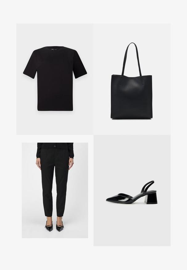 Camiseta negra de manga corta con cuello redondo, fabricada en suave algodón. Diseño simple, sin logos ni patrones visibles.; Los pantalones a rayas negros tienen un ajuste a medida con una textura suave. Combinados con unos elegantes tacones negros de punta afilada, que destacan líneas esbeltas.; Zapatos de tacón slingback de charol negro con punta afilada y tacón geométrico en bloque. Presentan un diseño elegante y minimalista, así como una textura suave.; Bolso tote de cuero negro con textura lisa, forma rectangular y dos asas largas. Sin herrajes ni adornos visibles.