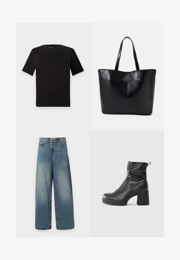 Must olema lühikeste varrukatega must t-särk ümmarguse kaelusega, valmistatud pehmest puuvillast kangast. Lihtne disain, ilma nähtavate logode või mustriteta.; Kergelt sinised laiade säärte teksad. Sisaldab lukuga fronti, millel on nööbiga kinnitus, ja õrna pleekimist, et saavutada kulunud välimus.; Mustad mustad ansapüksid, mis on valmistatud siledast nahast, külje zipperiga, paksu tekstuuriga kontsaga ja ümmarguse nina disainiga.; Must mustaga musta nahast, millel on kaks pikka kanda, sile tekstuur ja struktureeritud kuju. Esipoolsel on lisakoti jaoks tasku.