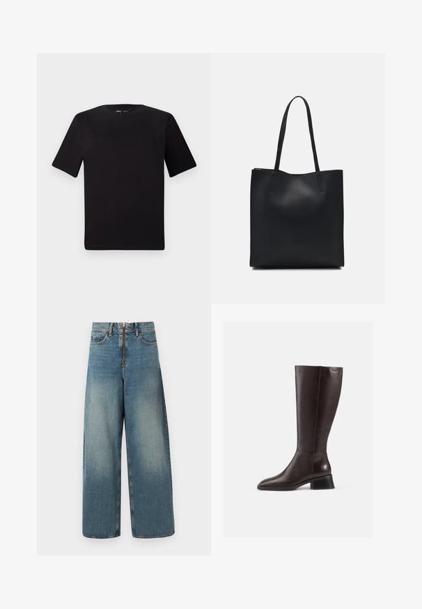 Černé tričko s krátkým rukávem a kulatým výstřihem, vyrobené z měkké bavlněné látky. Jednoduchý design, žádné viditelné logo nebo vzory.; Džínové kalhoty s širokými nohavicemi ve světlé modré barvě. Mají zip a zapínání na knoflík, a jemné blednutí pro opotřebovaný vzhled.; Hnědé kožené boty po kolena s hladkým povrchem, kulatou špičkou a černým podpatkem. Jednoduchý design s minimem kovových detailů.; Černá kožená taška přes rameno s hladkým povrchem, obdélníkovým tvarem a dvěma dlouhými uchy. Žádné viditelné kování ani ozdoby.