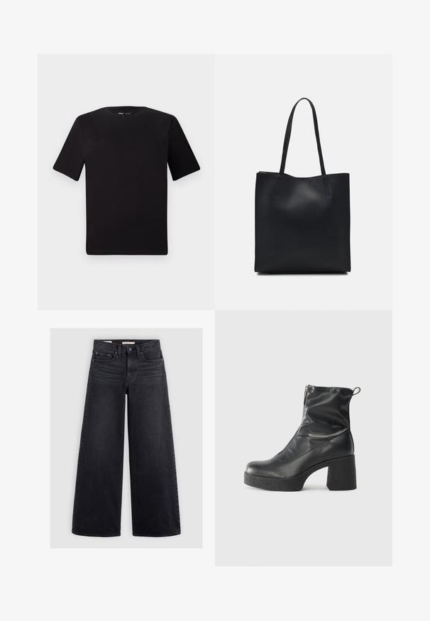 Črna majica s kratkimi rokavi in okroglim izrezom, izdelana iz mehkega bombažnega materiala. Preprost dizajn, brez vidnih logotipov ali vzorcev.; Široke crne traperice od denima, sa visokim strukom, pet džepova i suptilnim blijeđenjem duž prednje strane.; Črne gležnjarje iz gladke kože z božnim zadrgo, masivnim teksturiranim peto in zaobljeno obliko prstov.; Črna usnjena torba s svilnato teksturo, pravokotne oblike in dvema dolgima ročajema. Brez vidnih metalnih delov ali okrasnih elementov.