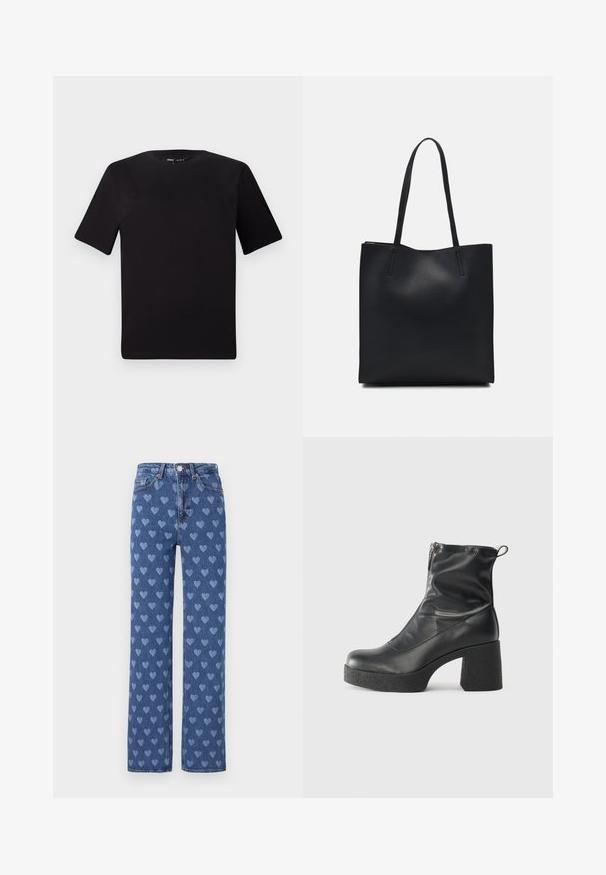 Μαύρο κοντομάνικο μπλουζάκι με στρογγυλή λαιμόκοψη, κατασκευασμένο από απαλό βαμβακερό ύφασμα. Απλός σχεδιασμός, χωρίς ορατά λογότυπα ή μοτίβα.; Μπλε τζιν παντελόνι με ίσια γραμμή, που διαθέτει επαναλαμβανόμενο σχέδιο με ανοιχτό μπλε καρδιές, χάλκινους κουμπάκια και παραδοσιακό σχέδιο με πέντε τσέπες.; Μαύρες μποτές μέχρι τον αστράγαλο από λείο δέρμα, με πλευρικό φερμουάρ, χοντρό υφασμάτινο τακούνι και στρογγυλή μύτη.; Μαύρη δερμάτινη τσάντα tote με λείο υφή, ορθογώνιο σχήμα και δύο μακριές λαβές. Χωρίς ορατό υλικό ή διακοσμητικά στοιχεία.