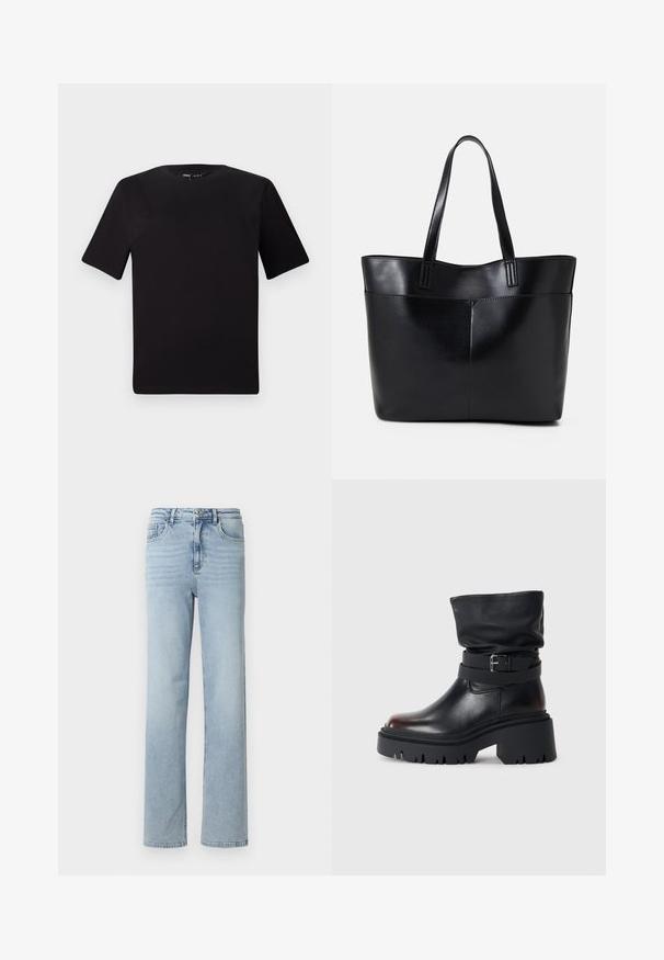 Svart t-skjorte med korte ermer og rund hals, laget av mykt bomullsstoff. Enkelt design, ingen synlige logoer eller mønstre.; Lys blå denimjeans med rette ben, klassisk fem-lomme-design, og knapp- og glidelås-lukking i midjen.; Svart lær ankelstøvel med en slapp overdel, spenne detaljer og tykk, robust såle. Har en rund tå og glatt tekstur.; Svart lær toteveske med to lange håndtak, en glatt tekstur og en strukturert form. Har en frontlomme for ekstra oppbevaring.