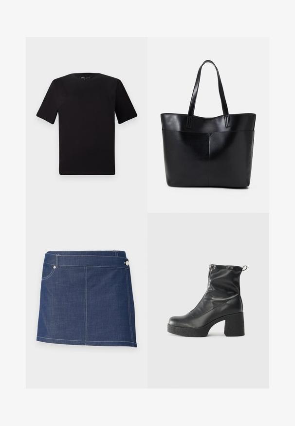 Svart t-skjorte med korte ermer og rund hals, laget av mykt bomullsstoff. Enkelt design, ingen synlige logoer eller mønstre.; Denimminiskjørt i mørkeblått med hvite sømmer, med en enkelt frontlomme og metallknapplukking i midjen.; Svarte ankelstøvler laget av glatt lær, med glidelås på siden, chunky strukturert hæl, og rund tå-design.; Svart lær toteveske med to lange håndtak, en glatt tekstur og en strukturert form. Har en frontlomme for ekstra oppbevaring.