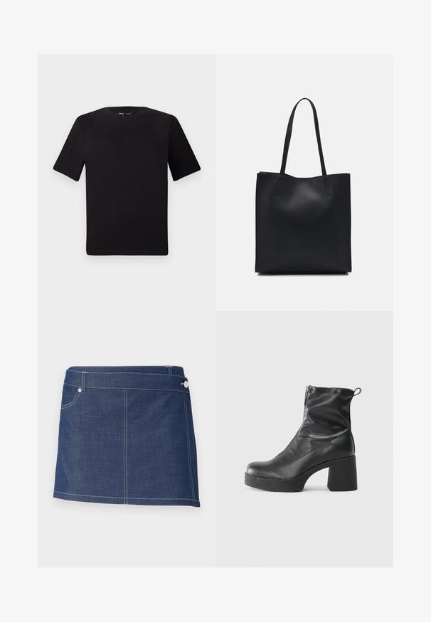 Svart t-skjorte med korte ermer og rund hals, laget av mykt bomullsstoff. Enkelt design, ingen synlige logoer eller mønstre.; Denimminiskjørt i mørkeblått med hvite sømmer, med en enkelt frontlomme og metallknapplukking i midjen.; Svarte ankelstøvler laget av glatt lær, med glidelås på siden, chunky strukturert hæl, og rund tå-design.; Svart lær tote bag med glatt tekstur, rektangulær form og to lange håndtak. Ingen synlige deler eller dekorasjoner.