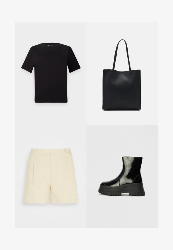 Black short-sleeve t-shirt with a round neckline, crafted from soft cotton fabric. Simple design, no visible logos or patterns.; Lindex MARIA - Shorts - beige; Black glossy ankle boot with thick lug sole and rounded toe, side view on plain light gray background.; Black leather tote bag with smooth texture, rectangular shape, and two long handles. No visible hardware or embellishments.