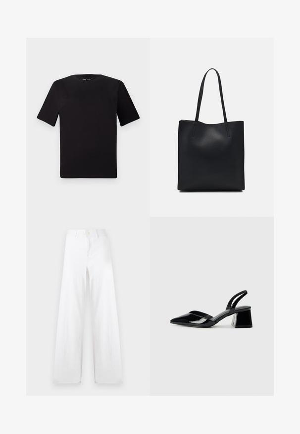 Črna majica s kratkimi rokavi in okroglim izrezom, izdelana iz mehkega bombažnega materiala. Preprost dizajn, brez vidnih logotipov ali vzorcev.; Bela široka hlače iz bombaža, z gumbom za zapiranje in čistimi linijami. Tkanina ima mehak teksturo z gladkim zaključkom.; Črne lakirane slingback pete s koničastim nosom in geometrijsko blokasto peto. Imajo eleganten, minimalističen dizajn in gladko teksturo.; Črna usnjena torba s svilnato teksturo, pravokotne oblike in dvema dolgima ročajema. Brez vidnih metalnih delov ali okrasnih elementov.
