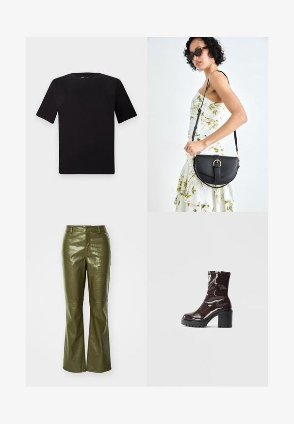 Tricou scurt negru cu mânecă scurtă și guler rotund, realizat dintr-un material de bumbac moale. Design simplu, fără logo-uri sau modele vizibile.; Pantaloni din piele eco verde măslin cu textură de crocodil, având talie ajustată și picioare evazate. Materialul are un finisaj lucios.; Botine lucioase burgundy, cu toc gros negru, având o textură netedă și un design simplu. Fără închideri sau modele vizibile.; Geantă din piele neagră, cu o formă curbată, curea detașabilă și accesorii aurii. Geanta are un capac cu un detaliu tip cataramă.