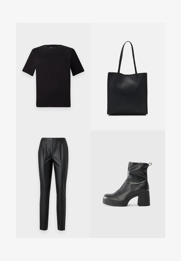 Fekete, rövid ujjú póló, kerek nyakkal, puha pamutból készült. Egyszerű dizájn, nincs látható logó vagy minta.; Fekete műbőr nadrág, szűk szabással, magas derékkal, elülső redőkkel és sima felülettel. Nincs látható fémrész vagy minta.; Fekete bokacsizmák sima bőrből, oldalsó cipzárral, vastag, texturált sarkú és lekerekített orrú dizájnnal.; Fekete bőrtáska sima felszínnel, téglalap alakú, két hosszú füllel. Nincs látható fémkiegészítő vagy díszítés.