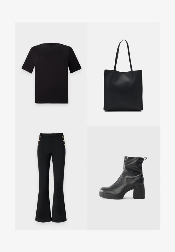 Black short-sleeve t-shirt with a round neckline, crafted from soft cotton fabric. Simple design, no visible logos or patterns.; Black flared trousers in a stretchy fabric, featuring a flat front, side pockets, and decorative gold buttons along the hip.; Black ankle boots made of smooth leather, featuring a side zipper, chunky textured heel, and rounded toe design.; Black leather tote bag with smooth texture, rectangular shape, and two long handles. No visible hardware or embellishments.