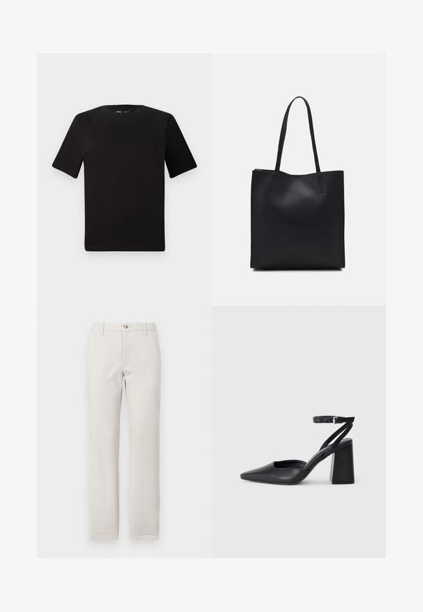 Black short-sleeve t-shirt with a round neckline, crafted from soft cotton fabric. Simple design, no visible logos or patterns.; Straight-leg beige trousers with belt loops, front button closure, and zip fly against a plain white background.; Black leather pointy-toe pump with an ankle strap and a chunky heel. Flat texture, sleek design, and minimalistic aesthetics.; Black leather tote bag with smooth texture, rectangular shape, and two long handles. No visible hardware or embellishments.