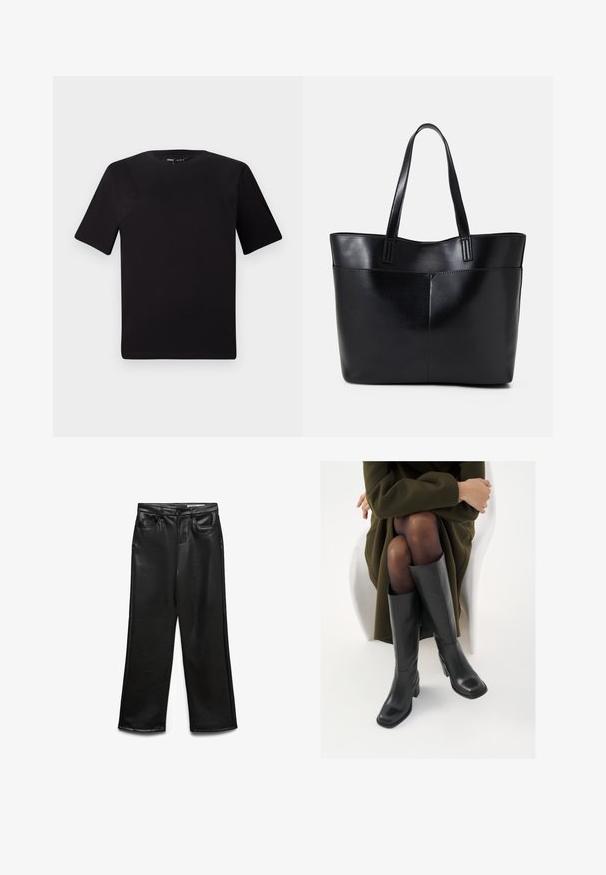 Svart kortärmad t-shirt med rund halsringning, tillverkad i mjukt bomullstyg. Enkelt mönster, utan synliga logotyper eller mönster.; Svart byxa i bred modell av konstläder med framfickor, bälteshällor och subtil glans. Mjukt tyg och skräddarsydd passform.; Knähöga svarta läderstövlar med fyrkantig tå och klack i blockmodell, visade med en modell sittande i en olivgrön kappa. Slät textur, minimal detaljering.; Svart läder tote-väska med två långa handtag, en slät yta och en strukturerad form. Har en framficka för extra förvaring.