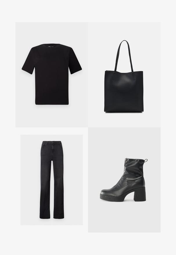 Black short-sleeve t-shirt with a round neckline, crafted from soft cotton fabric. Simple design, no visible logos or patterns.; Black denim straight-leg jeans with a high waist, five-pocket design, and visible stitching. Smooth texture with a slightly faded finish.; Black ankle boots made of smooth leather, featuring a side zipper, chunky textured heel, and rounded toe design.; Black leather tote bag with smooth texture, rectangular shape, and two long handles. No visible hardware or embellishments.