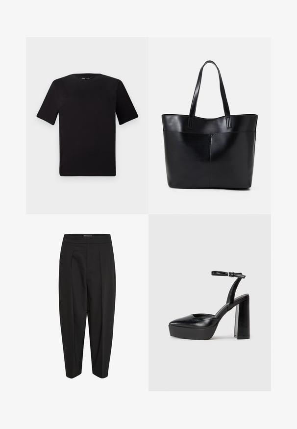 Must olema lühikeste varrukatega must t-särk ümmarguse kaelusega, valmistatud pehmest puuvillast kangast. Lihtne disain, ilma nähtavate logode või mustriteta.; Mustad püksid sileda kangaga, kõrge talje, keskel voldiga ja kitsenevate jalgadega. Pole nähtavaid taskuid ega kaunistusi.; Mustad platvormi kontsad terava ninaga ja reguleeritava pahkluuraamiga. Valmistatud siledast nahast, funktsioneerib massiivse plokknäheeliga.; Must mustaga musta nahast, millel on kaks pikka kanda, sile tekstuur ja struktureeritud kuju. Esipoolsel on lisakoti jaoks tasku.