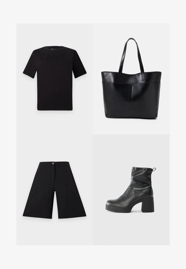 Must olema lühikeste varrukatega must t-särk ümmarguse kaelusega, valmistatud pehmest puuvillast kangast. Lihtne disain, ilma nähtavate logode või mustriteta.; Mustad laiad püksid mustas värvitoonis, millel on sile tekstuur, esi nuppude sulgur ja puhtad jooned. Disainitud ilma taskuteta, et saavutada voolujooneline välimus.; Mustad mustad ansapüksid, mis on valmistatud siledast nahast, külje zipperiga, paksu tekstuuriga kontsaga ja ümmarguse nina disainiga.; Must mustaga musta nahast, millel on kaks pikka kanda, sile tekstuur ja struktureeritud kuju. Esipoolsel on lisakoti jaoks tasku.