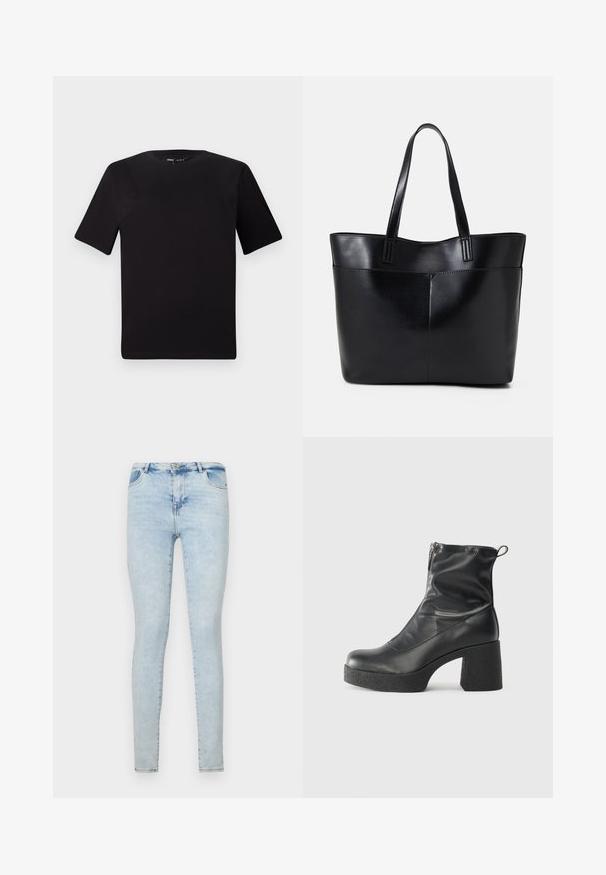 Camiseta negra de manga corta con cuello redondo, fabricada en suave algodón. Diseño simple, sin logos ni patrones visibles.; Pantalones vaqueros ajustados de color azul claro, confeccionados en denim, con un diseño clásico de cinco bolsillos, cierre de cremallera y un acabado ligeramente desgastado para dar textura.; Botines negros de tobillo, hechos de cuero suave, con cierre lateral, tacón grueso texturizado y diseño de punta redondeada.; Bolso tote de cuero negro con dos asas largas, textura suave y forma estructurada. Cuenta con un bolsillo frontal para almacenamiento adicional.