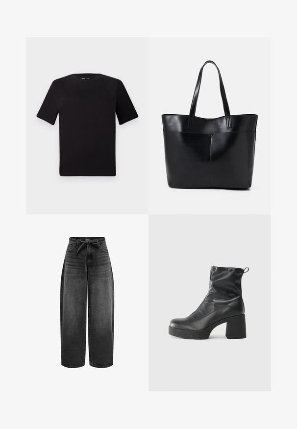 Camiseta negra de manga corta con cuello redondo, fabricada en suave algodón. Diseño simple, sin logos ni patrones visibles.; ONLY MIT WEITEM BEIN ONLGIANNA MITTLERE TAILLE BALLON SCHNITT - Vaqueros rectos - washed black; Botines negros de tobillo, hechos de cuero suave, con cierre lateral, tacón grueso texturizado y diseño de punta redondeada.; Bolso tote de cuero negro con dos asas largas, textura suave y forma estructurada. Cuenta con un bolsillo frontal para almacenamiento adicional.