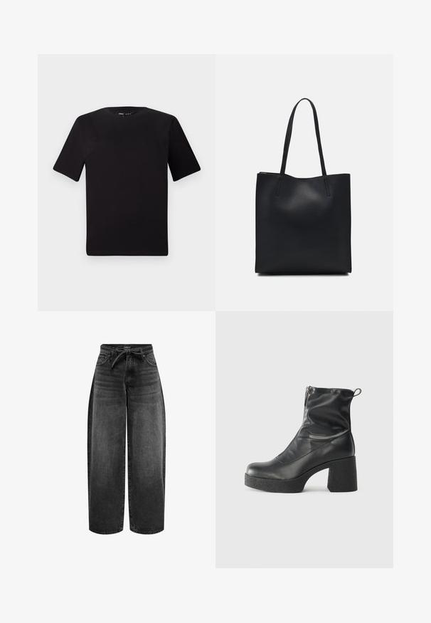 Svart t-skjorte med korte ermer og rund hals, laget av mykt bomullsstoff. Enkelt design, ingen synlige logoer eller mønstre.; ONLY MIT WEITEM BEIN ONLGIANNA MITTLERE TAILLE BALLON SCHNITT - Jeans straight leg - washed black; Svarte ankelstøvler laget av glatt lær, med glidelås på siden, chunky strukturert hæl, og rund tå-design.; Svart lær tote bag med glatt tekstur, rektangulær form og to lange håndtak. Ingen synlige deler eller dekorasjoner.
