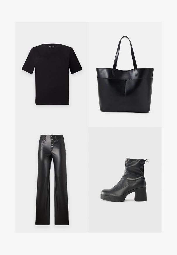 Svart kortärmad t-shirt med rund halsringning, tillverkad i mjukt bomullstyg. Enkelt mönster, utan synliga logotyper eller mönster.; ONLY ONLSMOOTH - Tygbyxor - black; Svarta ankelstövlar i slitstark läder, med sidodragkedja, kraftig strukturerad klack och rundad tådesign.; Svart läder tote-väska med två långa handtag, en slät yta och en strukturerad form. Har en framficka för extra förvaring.