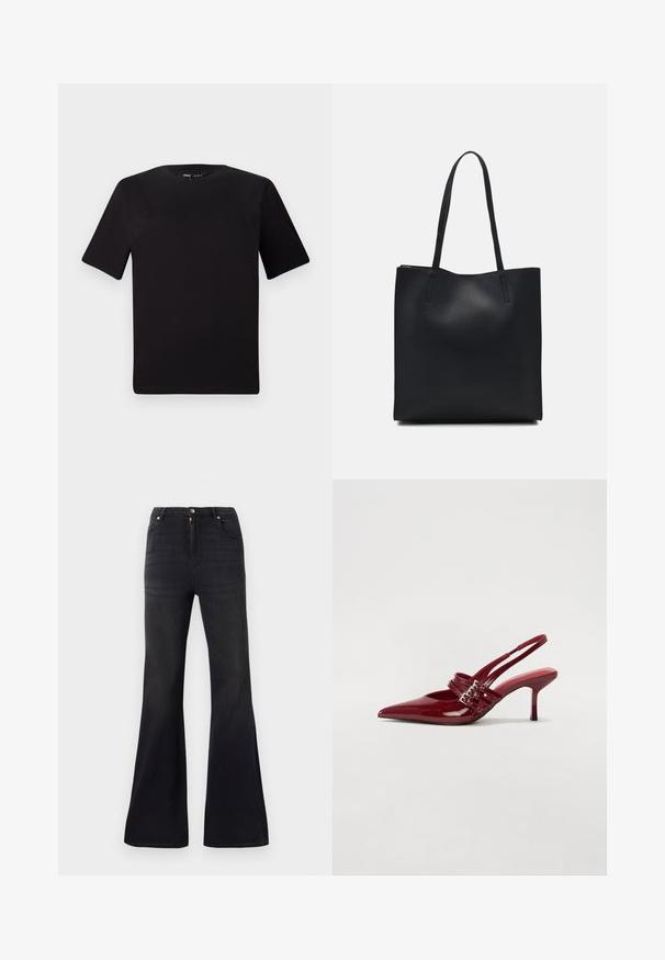 Black short-sleeve t-shirt with a round neckline, crafted from soft cotton fabric. Simple design, no visible logos or patterns.; Black high-waist denim jeans with flared legs, front button and zipper closure, and five-pocket styling.; Red patent leather slingback heels with a pointed toe, two buckle straps, and a slim, mid-height stiletto heel. Smooth texture.; Black leather tote bag with smooth texture, rectangular shape, and two long handles. No visible hardware or embellishments.