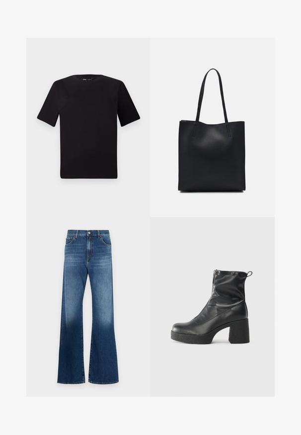 Μαύρο κοντομάνικο μπλουζάκι με στρογγυλή λαιμόκοψη, κατασκευασμένο από απαλό βαμβακερό ύφασμα. Απλός σχεδιασμός, χωρίς ορατά λογότυπα ή μοτίβα.; Τζιν φούστα σε μεσαίο μπλε με ξεθωριασμένη εμφάνιση. Διαθέτει πέντε τσέπες, κλείσιμο με κουμπί και ραμμένες λεπτομέρειες. Κλασικός σχεδιασμός.; Μαύρες μποτές μέχρι τον αστράγαλο από λείο δέρμα, με πλευρικό φερμουάρ, χοντρό υφασμάτινο τακούνι και στρογγυλή μύτη.; Μαύρη δερμάτινη τσάντα tote με λείο υφή, ορθογώνιο σχήμα και δύο μακριές λαβές. Χωρίς ορατό υλικό ή διακοσμητικά στοιχεία.