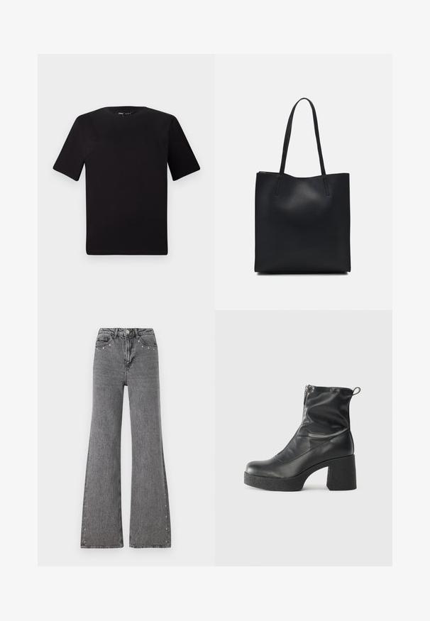 Črna majica s kratkimi rokavi in okroglim izrezom, izdelana iz mehkega bombažnega materiala. Preprost dizajn, brez vidnih logotipov ali vzorcev.; Široke hlače iz sive denima z visokim pasom, sprednjimi žepi in dekorativnimi bleščicami ob stranskih šivih. Gladka tekstura.; Črne gležnjarje iz gladke kože z božnim zadrgo, masivnim teksturiranim peto in zaobljeno obliko prstov.; Črna usnjena torba s svilnato teksturo, pravokotne oblike in dvema dolgima ročajema. Brez vidnih metalnih delov ali okrasnih elementov.
