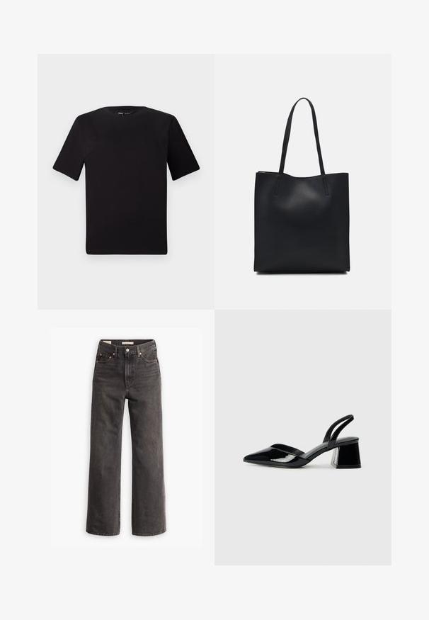 T-shirt preta de mangas curtas com decote redondo, feita de tecido de algodão suave. Design simples, sem logótipos ou padrões visíveis.; Jeans de cintura alta e pernas largas em denim cinza escuro, com bolsos frontais, rebites de cobre contrastantes e um acabamento limpo sem adornos.; Sandy em verniz preto com salto slingback, ponta afilada e salto geométrico. Apresenta um design elegante e minimalista com textura suave.; Bolsa tote preta em couro com textura lisa, forma retangular e duas alças longas. Sem hardware ou enfeites visíveis.