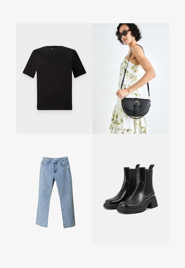 Camiseta negra de manga corta con cuello redondo, fabricada en suave algodón. Diseño simple, sin logos ni patrones visibles.; Vaqueros de mezclilla azul claro con un diseño de pierna recta, estilo de cinco bolsillos y una etiqueta en la cinturilla. Presentan áreas deslavadas para añadir textura.; Botas Chelsea de cuero negro con tacón grueso, paneles laterales elásticos y costuras en blanco que contrastan. Acabado texturizado.; Bolso de piel negra con forma curva, correa desmontable y herrajes dorados. El bolso cuenta con una solapa con un detalle de hebilla.