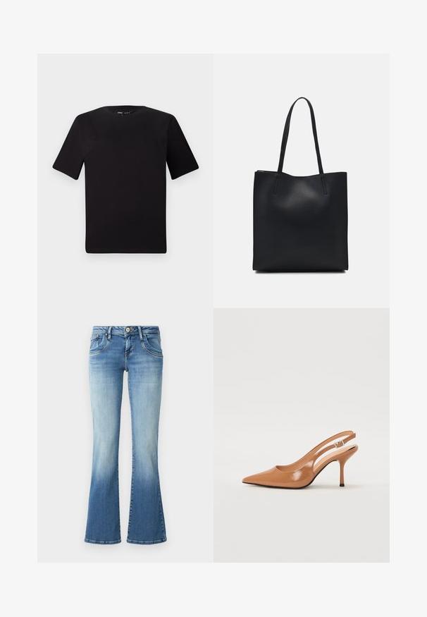 Tricou scurt negru cu mânecă scurtă și guler rotund, realizat dintr-un material de bumbac moale. Design simplu, fără logo-uri sau modele vizibile.; Jeans din denim de culoare albastru deschis, cu fason evazat și talie medie, prezentând cinci buzunare, o ușoară decolorare și detalii cusute pe cusături.; Pantofii cu toc slingback, cu vârful ascuțit, dintr-un material tan neted și strălucitor. Prezintă un design cu decupaj curbat și un toc subțire stil stiletto. Detaliu cu cataramă argintie.; Geantă tote neagră din piele, cu textură netedă, formă rectangulară și două mânere lungi. Fără hardware vizibil sau ornamente.
