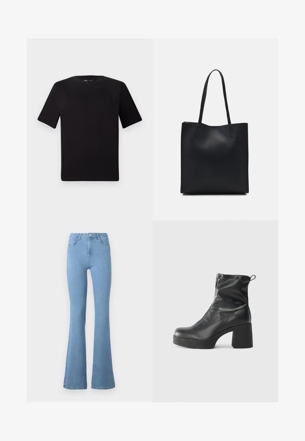 T-shirt preta de mangas curtas com decote redondo, feita de tecido de algodão suave. Design simples, sem logótipos ou padrões visíveis.; Jeans de ganga de tom azul claro, com corte flare, apresentando uma cintura alta, cinco bolsos, um fecho com zipper na frente e um botão metálico.; Botas de tornozelo pretas feitas de couro liso, com fecho lateral, salto grosso texturizado e design de bico arredondado.; Bolsa tote preta em couro com textura lisa, forma retangular e duas alças longas. Sem hardware ou enfeites visíveis.