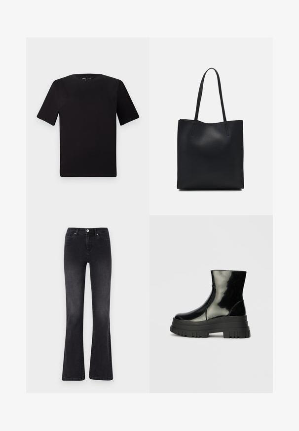 T-shirt nera a maniche corte con scollatura rotonda, realizzata in morbido cotone. Design semplice, senza loghi o motivi visibili.; Jeans neri a palazzo in denim, con chiusura a bottone, cinque tasche e un leggero effetto vissuto. Dettagli cuciti lungo le cuciture.; Stivale nero lucido alla caviglia con suola spessa e tonda, vista laterale su sfondo grigio chiaro uniforme.; Borsa tote in pelle nera con texture liscia, forma rettangolare e due manici lunghi. Nessun hardware o decorazione visibile.