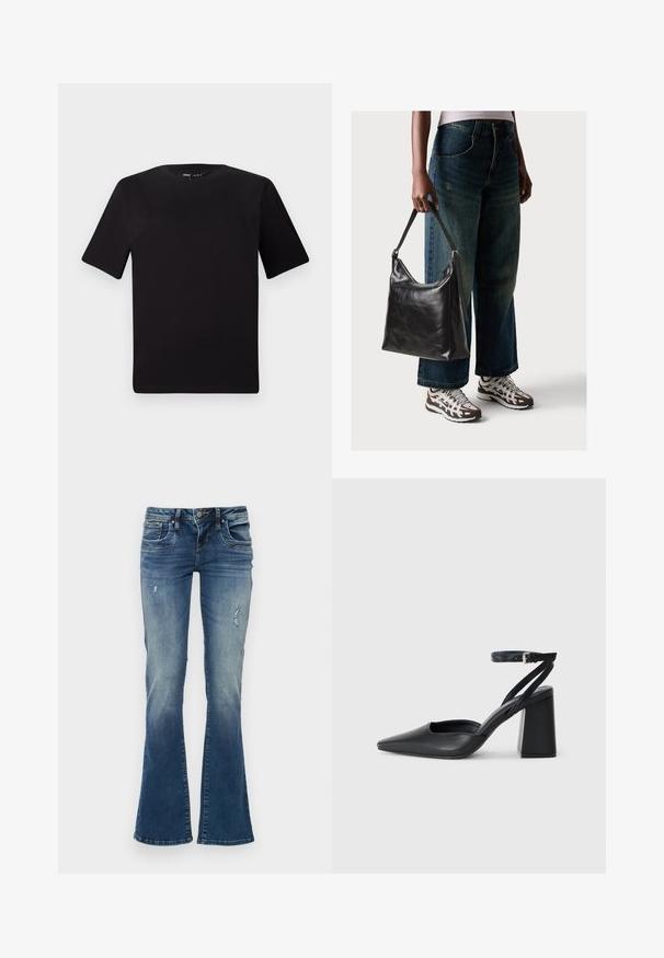 Svart t-skjorte med korte ermer og rund hals, laget av mykt bomullsstoff. Enkelt design, ingen synlige logoer eller mønstre.; Denim flared jeans i middels blå med falmede områder og slidte detaljer. Har fem lommer og glidelås med knappelukking.; Svart lær pumps med spiss tå, ankelrem og kraftig hæl. Flat tekstur, strømlinjeformet design og minimalisme.; Sort skinnveske med en glatt tekstur og justerbar stropp, kombinert med falmede vide jeans og atletiske sneakers.